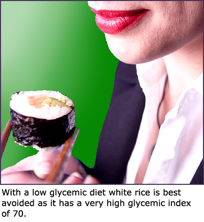 You want to be careful with rice while being on a low glycemic diet. Picture of a woman eating sushi.